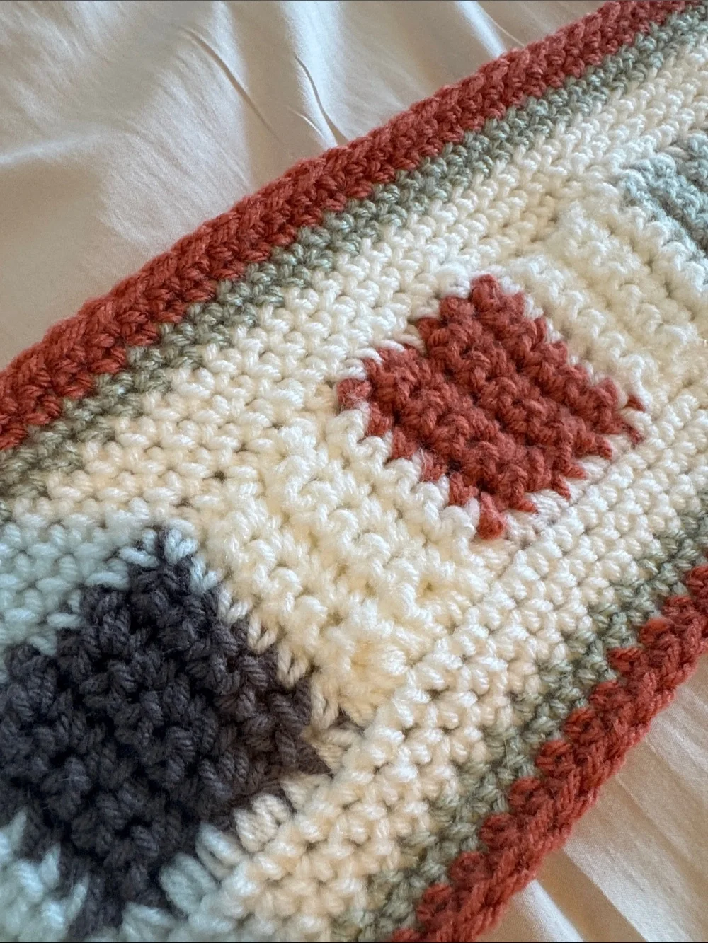 Handmade Crochet Scarf with Ivory, Rust, Sage & Charcoal Squares